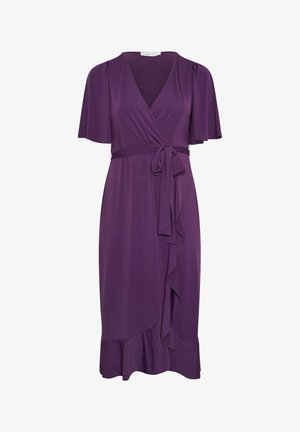 Lilla slå-om-kjole med V-hals, korte flæseærmer, bindebånd i taljen, flæsedetalje langs fronten og kanten, knælang.