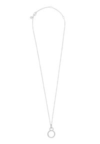 Silberne Kettenhalskette mit zwei verdrehten, runden Anhängern, von denen einer kleiner ist und den größeren überlappt, mit einem Karabinerverschluss.