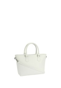 Biała skórzana torebka z podwójnymi uchwytami u góry, odczepianym paskiem na ramię, gładką teksturą oraz diamentowymi akcentami po bokach.