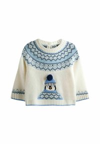 Weißer gestrickter Pullover mit blauem geometrischem Muster, versehen mit einem gestickten Pinguin, der einen Hut und einen Pompon auf dem Kopf trägt.