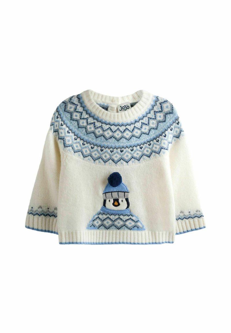 Weißer gestrickter Pullover mit blauem geometrischem Muster, versehen mit einem gestickten Pinguin, der einen Hut und einen Pompon auf dem Kopf trägt.