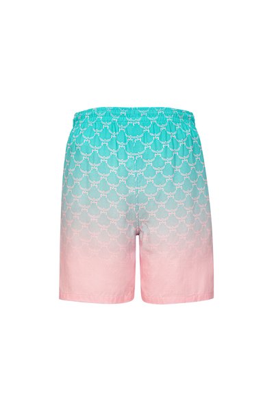 Shorts de bain légers avec un dégradé turquoise-rose et un motif festonné répétitif. Taille élastique pour un ajustement confortable.