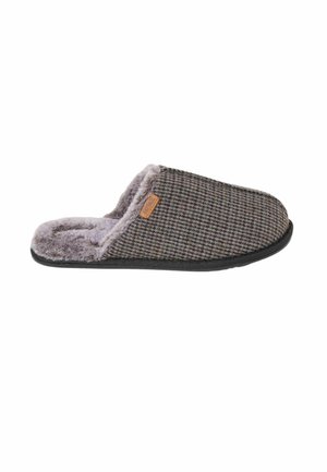 Closed-back slipper with brown and gray checkered fabric, gray plush lining, and black sole, designed for indoor comfort.