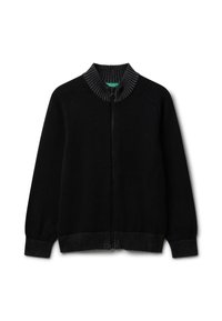 Sudadera negra con cremallera, con cuello, puños y dobladillo acanalados en gris oscuro, extendida sobre un fondo blanco.