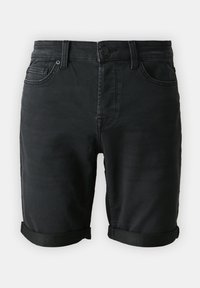 Pantalones cortos de mezclilla negros con dobladillos enrollados, cuatro bolsillos, pasadores para cinturón y cierre de botón en la parte delantera. Textura suave y diseño sencillo.