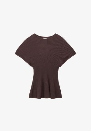Top marrone a costine in maglia con silhouette svasata, maniche corte larghe e scollo arrotondato. Presenta un tessuto testurizzato su tutta la superficie.