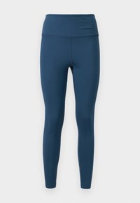 Blå leggings laget av elastisk stoff. Høy midje-design, glatt tekstur og tettsittende form med minimale sømmer. Ingen mønstre eller detaljer.