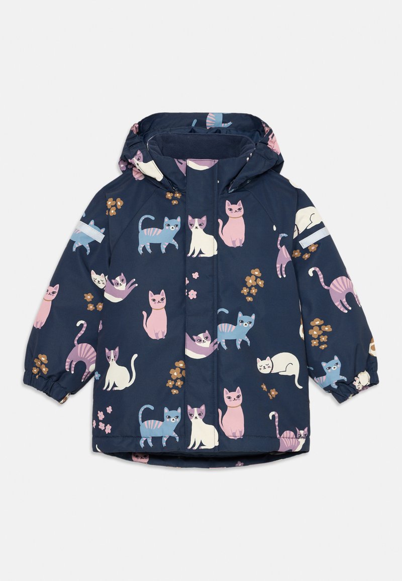 Giacca per bambini in blu navy con divertenti stampe di gatti in rosa, blu e bianco. Presenta un cappuccio, polsini elasticizzati e una chiusura frontale con zip.