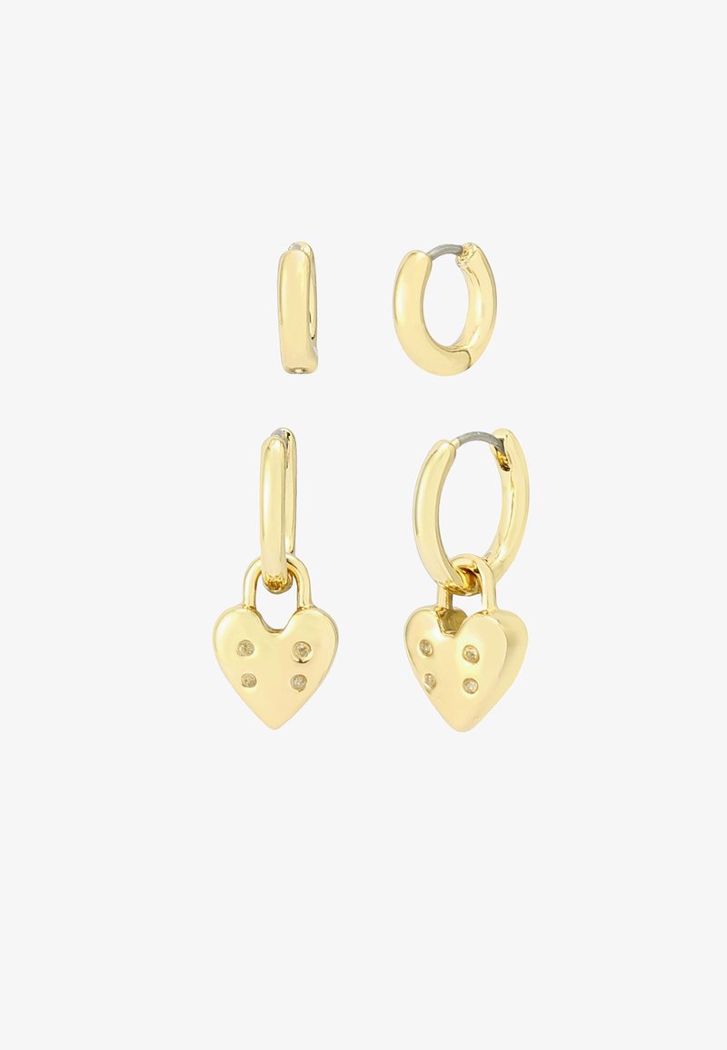 Gold hoop earrings featuring heart-shaped pendants with five small raised dots. Smooth, shiny surface; modern design.
