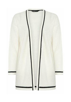 Biały kardigan na otwartej przodzie z długimi rękawami i czarną lamówką wzdłuż krawędzi, mankietów i dołu, wykonany z prążkowanej dzianiny.