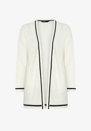 Valkoinen avoin neuletakki, jossa pitkät hihat ja mustat reunukset reunoissa, hihojen resoreissa ja helmassa, valmistettu ribbineuloksesta.