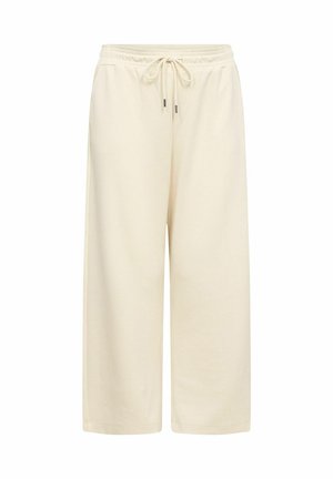 Wide-leg cream trousers made of soft fabric, featuring an elastic waistband with a drawstring, and a relaxed fit for comfort.