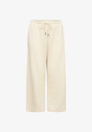 Wide-leg cream trousers made of soft fabric, featuring an elastic waistband with a drawstring, and a relaxed fit for comfort.