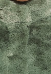 Giacca in pelliccia sintetica verde con una texture morbida, pelo soffice e colletto. Il tessuto presenta leggere variazioni di colore e lucentezza.