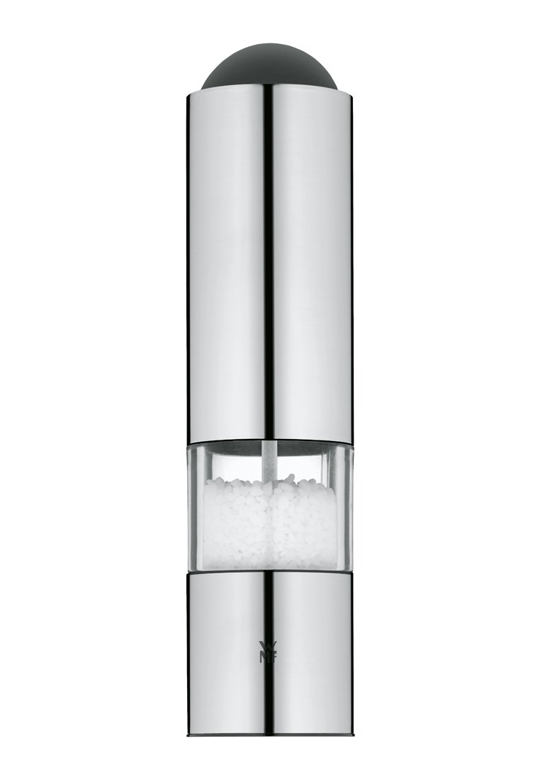 Edelstahl-Salzmühle mit transparentem Behälter; zylindrische Form; schwarzer Deckel; sichtbare weiße Salzgranulate innen.