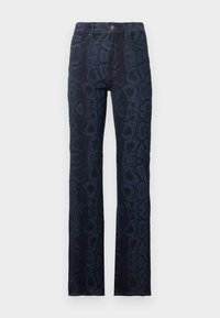 Donkerblauwe spijkerbroek met een gestructureerd slangenhuidpatroon, rechte pijpen, ontwerp met vijf zakken en knoopsluiting aan de voorkant.