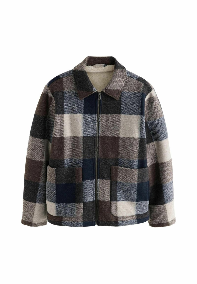 Men’s zip-up jacket with large blue, brown, gray, and cream checkered pattern, two front pockets, and a collar.