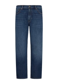 Donkerblauwe denim broek met een rechte pijp, voorzien van stiksels, vijf zakken en een knoopsluiting aan de voorkant.