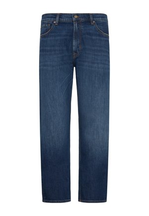 Dunkelblaue Jeans mit geradem Bein, ausgestattet mit Ziernähte, fünf Taschen und einem Frontknopfverschluss.