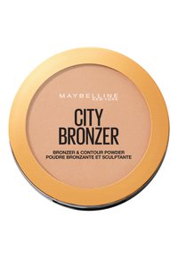 Maybelline City Bronzer in un compatto rotondo con una cornice esterna dorata e una base nera, caratterizzato da una polvere bronzante liscia di colore marrone chiaro.
