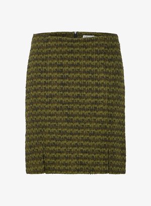 Jupe crayon en tweed vert avec un motif texturé, une coupe ajustée, une fermeture éclair au dos, et une fente discrète à l'ourlet.