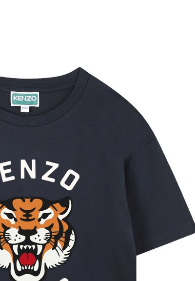 Navy blauwe katoenen t-shirt met een ronde hals, voorzien van een gestileerde oranje tijgerafbeelding en "KENZO" tekst in het wit gedrukt.