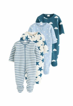 Four baby sleep suits in varying blue shades. Materials include soft fleece, with designs featuring stripes, stars, and clouds.