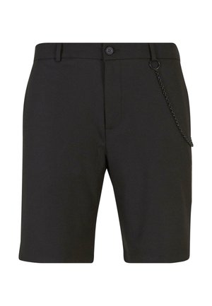Black shorts made from a smooth fabric, featuring a button closure, belt loops, and a decorative chain accent on the waistband.