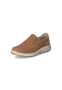Brown leather slip-on shoe with a textured finish, elastic side panels, and a contrasting white rubber sole. Features decorative stitching detail.