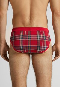 Červené kárované slipy z měkké látky mají jednobarevný červený pas a kontrastní károvaný vzor se žlutými, zelenými a modrými pruhy.