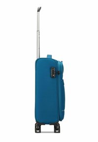 Valigia rigida blu con manico telescopico in alluminio, quattro ruote nere, chiusura a zip e meccanismo di bloccaggio integrato sul lato.
