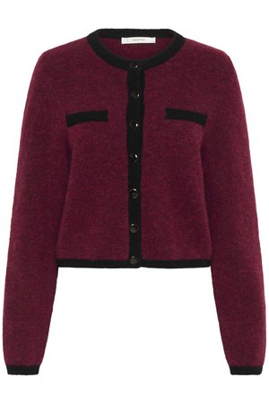 Burgundy wool cardigan with black trim, featuring a round neckline, front button closure, and two chest pockets. Textured finish.