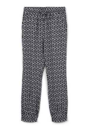 Spodnie w czarno-białe wzory z elastycznym paskiem w talii i marszczonymi mankietami, wykonane z lekkiego materiału w geometryczne wzory.