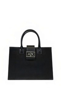 Black leather handbag with a rectangular shape, double handles, and a silver logo clasp on the front. Smooth texture and minimal design.