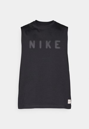 Czarny bezrękawnik z wyblakłym logo "NIKE" na przodzie, wykonany z miękkiej bawełnianej dzianiny z okrągłym dekoltem.