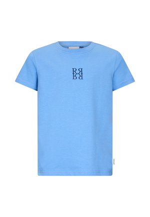 Hellblaues T-Shirt mit kurzen Ärmeln, schwarzem, gespiegeltem "R"-Logo auf der Brustmitte und einem kleinen weißen Etikett an der linken Seitennaht.