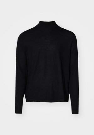 Black long-sleeve sweater with a high neck. Made of soft, smooth fabric. Simple design, no patterns, features a straight cut hem.