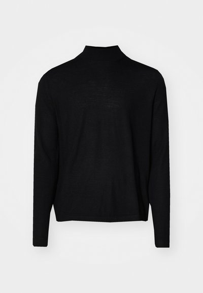 Schwarzer Langarmpullover mit hohem Kragen. Aus weichem, glattem Stoff gefertigt. Einfaches Design, ohne Muster, mit geradem Saum.
