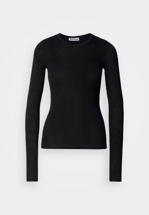 Černé tričko s dlouhým rukávem vyrobené z hladké, lehké tkaniny. Má klasický kulatý výstřih a přiléhavý střih.