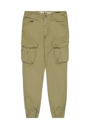 Khaki cargo pants with multiple side pockets, elastic cuffs, and a relaxed fit. Made of soft fabric, featuring a button and zipper closure.
