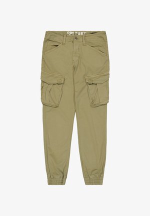 Pantalones cargo caqui con múltiples bolsillos laterales, puños elásticos y un ajuste relajado. Hechos de una tela suave, cuentan con un cierre de botón y cremallera.