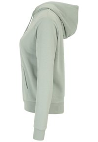Sudadera verde claro hecha de una suave mezcla de algodón, con un bolsillo tipo canguro, puños acanalados y capucha ajustable con cordón.