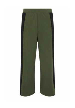 Pantaloni a gamba larga verde oliva con strisce laterali nere e vita elastica.