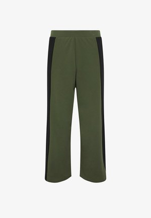 Pantaloni a gamba larga verde oliva con strisce laterali nere e vita elastica.