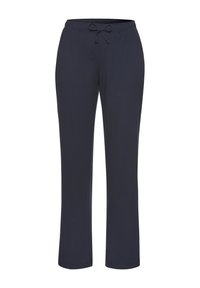 Dunkelblaue Stoffhose mit elastischem Bund und Kordelzug, gerades Bein, weiche Textur und ohne sichtbare Muster oder Metallteile.
