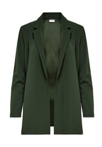 Blazer vert foncé en tissu lisse. Caractérisé par un col à revers, une ouverture frontale sans fermeture, et des manches longues à coupe droite. Aucune fermeture visible.