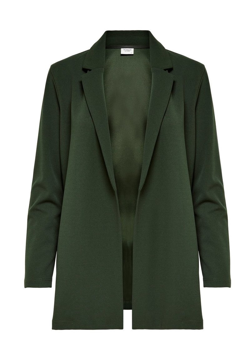 Blazer vert foncé en tissu lisse. Caractérisé par un col à revers, une ouverture frontale sans fermeture, et des manches longues à coupe droite. Aucune fermeture visible.