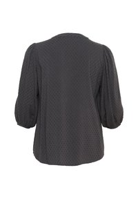 Blusa nera con texture, maniche a sbuffo e scollatura rotonda, caratterizzata da un motivo sottile. La vista posteriore mostra una vestibilità rilassata e una caduta morbida.
