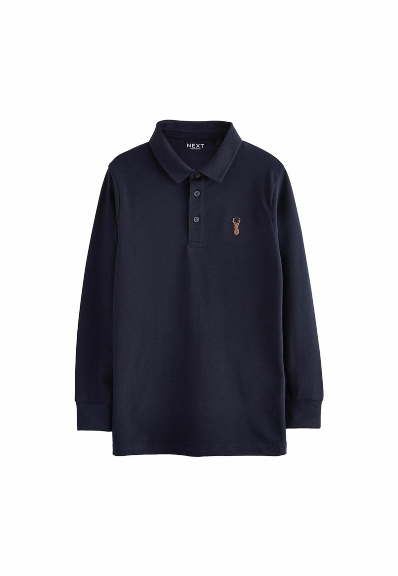 Marineblauwe polo met lange mouwen van katoen met een kraag, voorzien van drie knopen en een klein bruin geborduurd logo op de linkerborst.