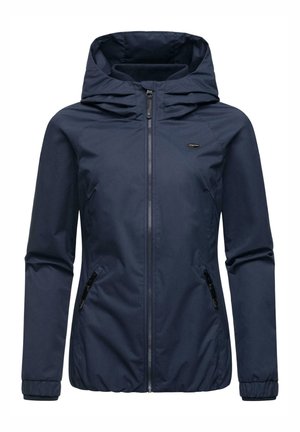 Navy blue waterproof jacket with a hood, front zipper, elastic cuffs, and side pockets. Smooth texture and fitted design.